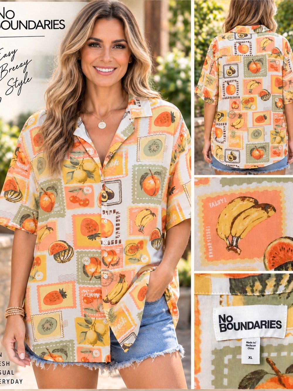 UNISEX No Boundaries Orange & Cream Fruit-Print Retro Button Front Shirt
